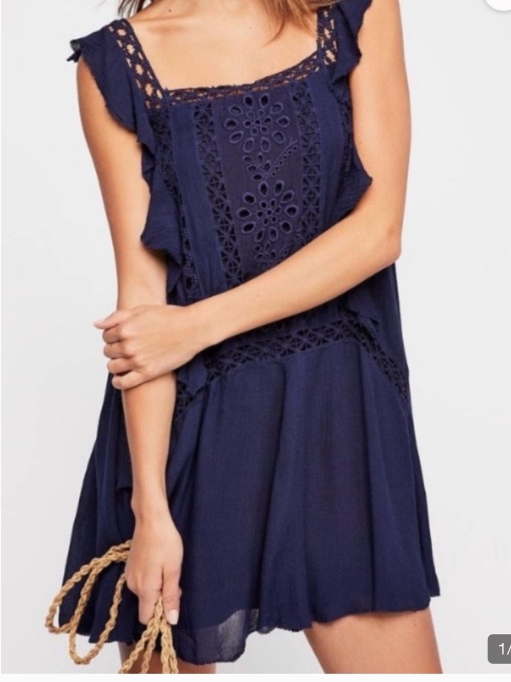 Free People Size NOT IN DRESS Priscilla Mini Dress Embroidered Eyelet Navy Shift